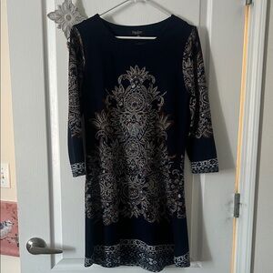 Papillon Blanc Dark Blue and Cream Ornate Dress